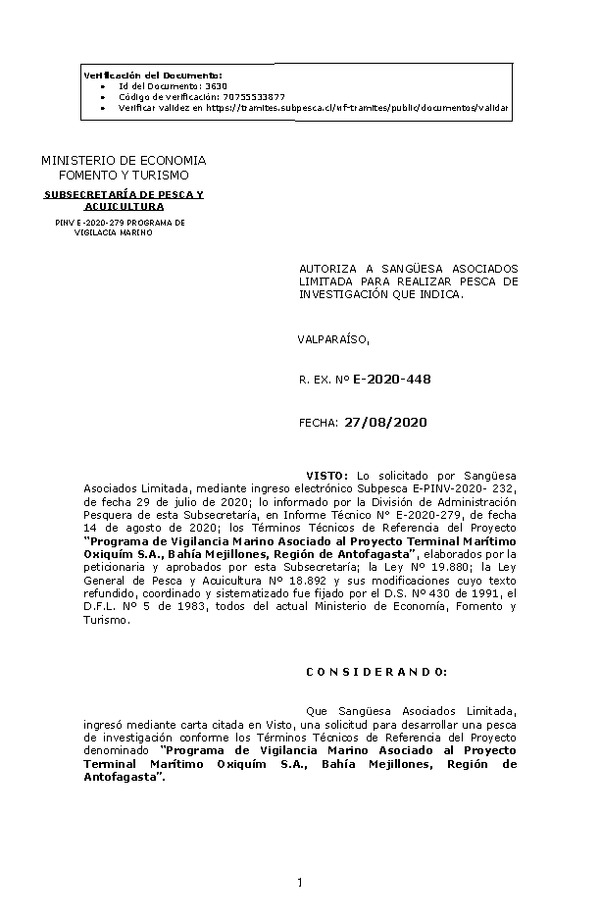 R. EX. Nº E-2020-448 Programa de Vigilancia Marino Asociado al Proyecto Terminal Marítimo Oxiquím S.A., Bahía Mejillones, Región de Antofagasta. (Publicado en Página Web 31-08-2020)