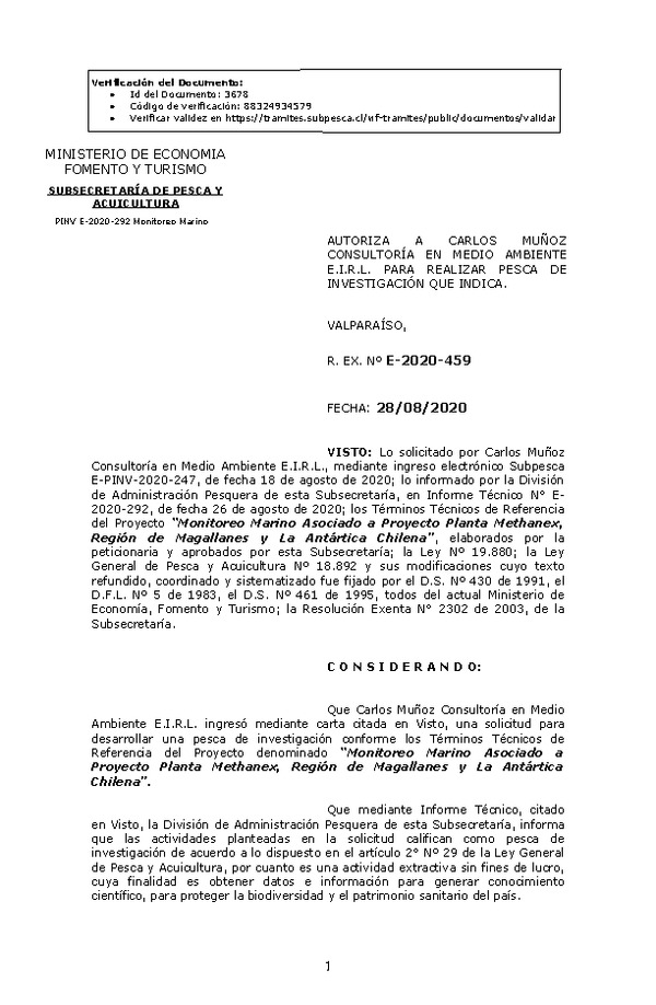 R. EX. Nº E-2020-459 Monitoreo Marino Asociado a Proyecto Planta Methanex, Región de Magallanes y La Antártica Chilena. (Publicado en Página Web 31-08-2020)