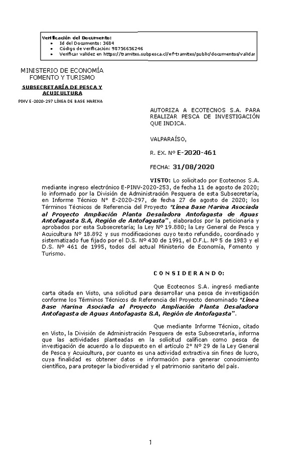 R. EX. Nº E-2020-461 Línea Base Marina Asociada al Proyecto Ampliación Planta Desaladora Antofagasta de Aguas Antofagasta S.A, Región de Antofagasta. (Publicado en Página Web 31-08-2020)