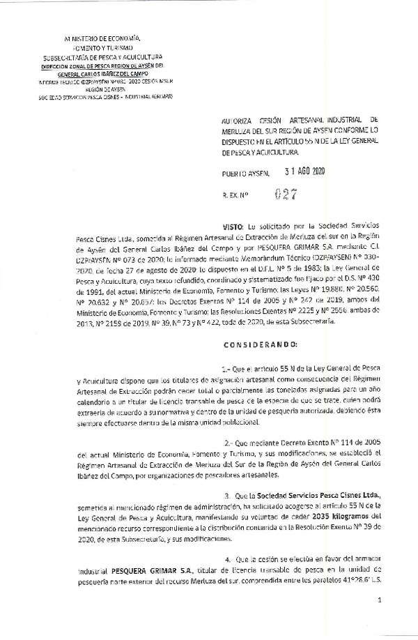 Res. Ex. N° 027-2020 (DZP Región de Aysén) Autoriza cesión Merluza del Sur. (Publicado en Página Web 01-09-2020).
