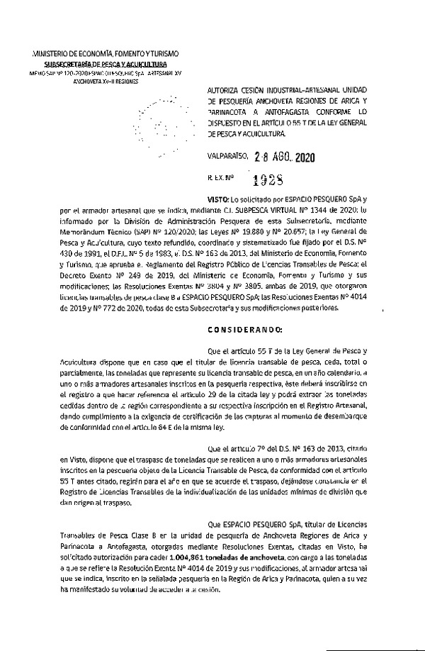 Res. Ex. N° 1928-2020 Autoriza cesión pesquería Anchoveta, Regiones de Arica y Parinacota a Antofagasta. (Publicado en Página Web 02-09-2020)