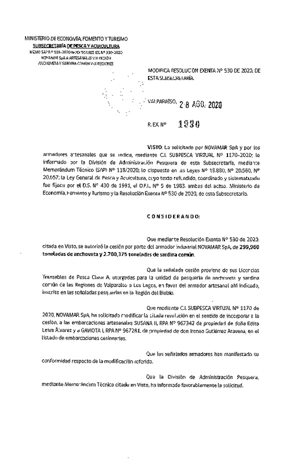 Res. Ex. N° 1930-2020 Modifica Res. Ex N° 530-2020, Autoriza Cesión Industrial-Artesanal unidad de pesquería Anchoveta y Sardina Común Regiones Valparaíso-Los Lagos. (Publicado en Página Web 02-09-2020).