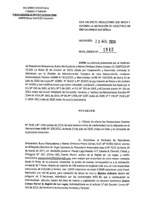 Res. Ex. N° 1913-2020 Deja sin efecto Resoluciones que indica y Autoriza instalación de colectores. (Publicado en Página Web 02-09-2020)