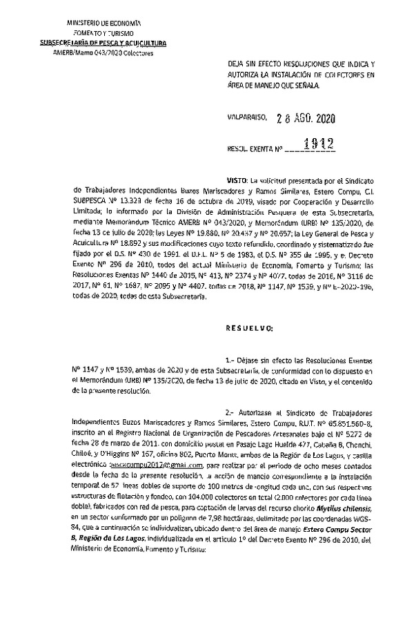 Res. Ex. N° 1912-2020 Deja sin efecto Resoluciones que indica y Autoriza instalación de colectores. (Publicado en Página Web 02-09-2020)