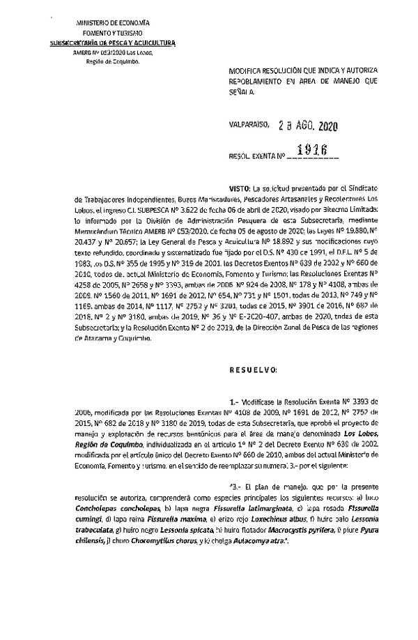 Res. Ex. N° 1916-2020 Modifica Resolución que Indica y Autoriza repoblamiento. (Publicado en Página Web 02-09-2020)