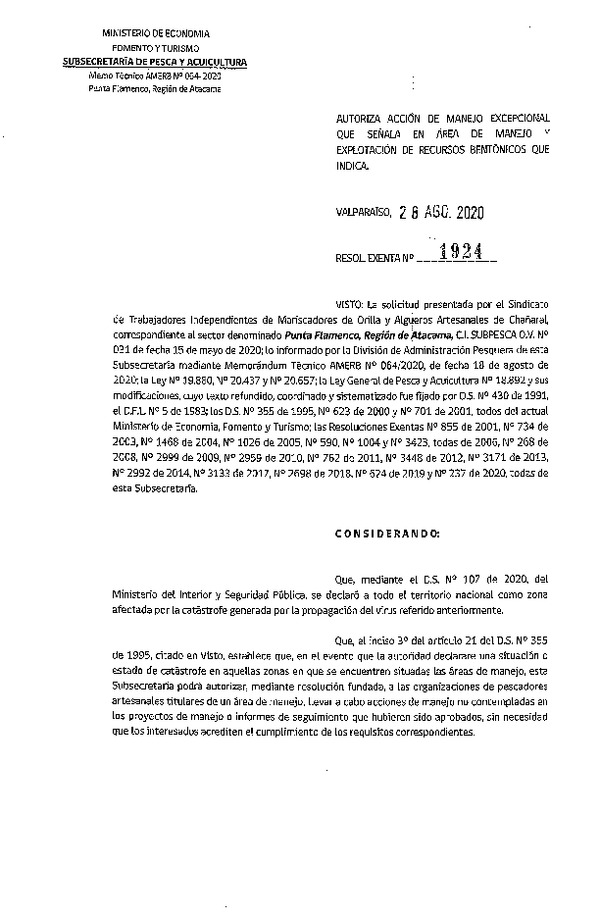 Res. Ex. N° 1924-2020 Autoriza acción de manejo excepcional que señala. (Publicado en Página Web 02-09-2020)