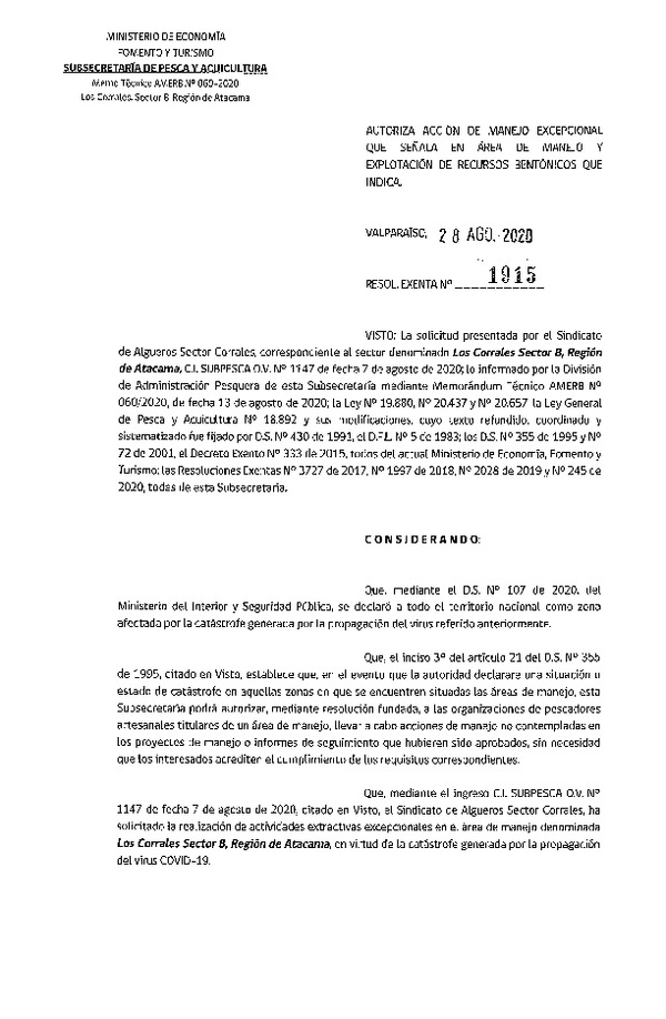 Res. Ex. N° 1915-2020 Autoriza acción de manejo excepcional que señala. (Publicado en Página Web 02-09-2020)