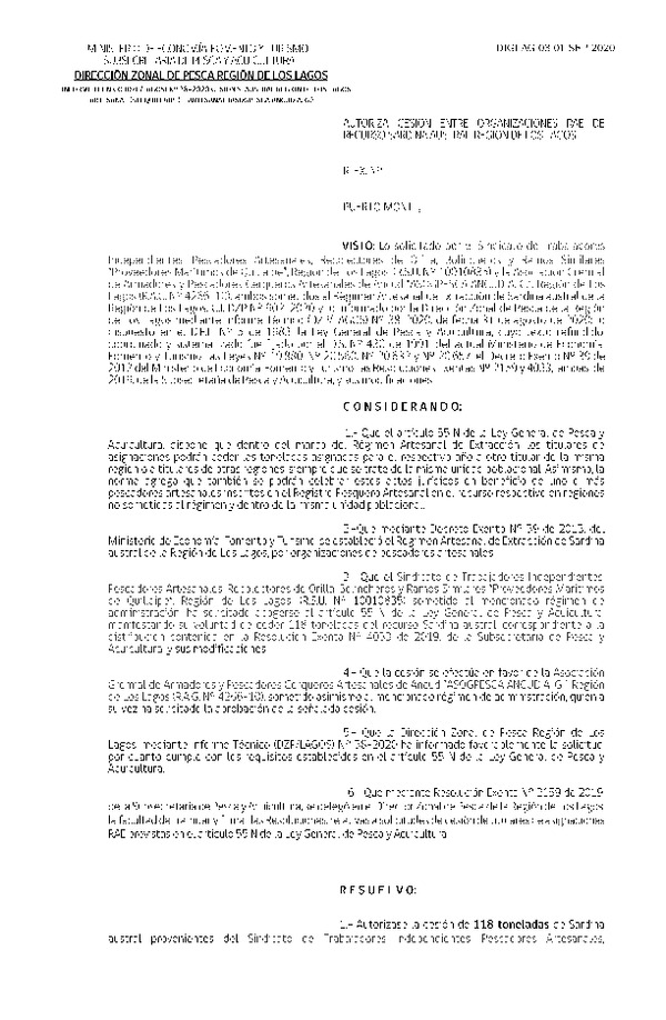 Res. Ex. DIG N° 03-2020 (DZP Los Lagos) Autoriza cesión sardina austral Región de Los Lagos. (Publicado en Página Web 02-09-2020)