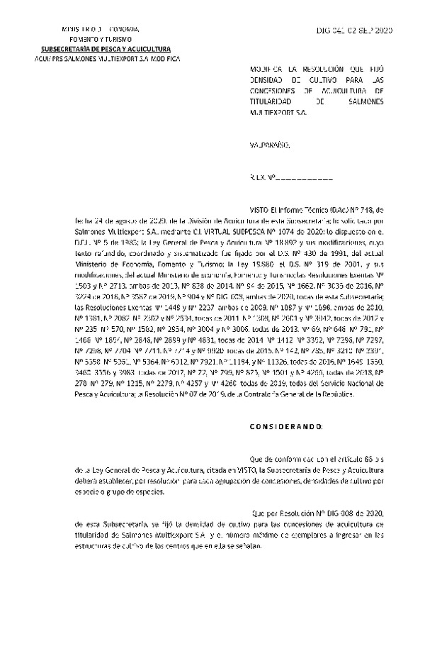 Res, Ex. N° 041-2020 Modifica Res. Ex. N° 008-2020 Fija densidad de cultivo para concesiones de acuicultura de titularidad de Salmones Multiexport S.A. (Publicado en Página Web 02-09-2020)