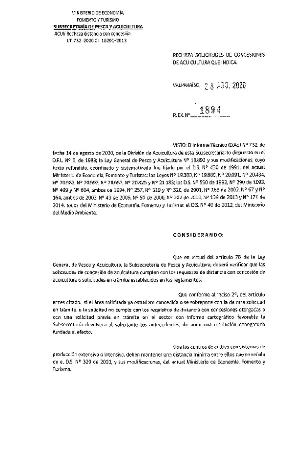 Res. Ex. N° 1894-2020 Rechaza solicitudes de relocalización de concesiones de acuicultura que indica.