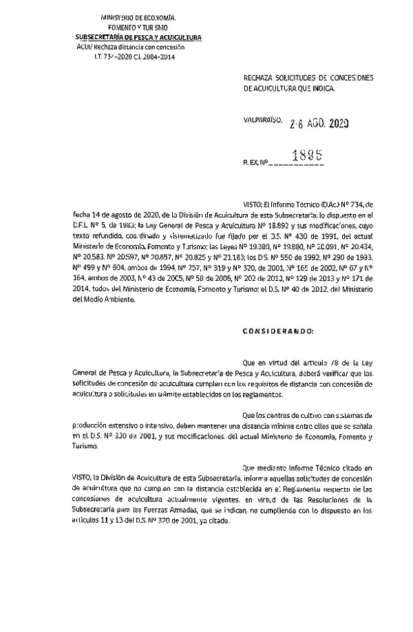 Res. Ex. N° 1895-2020 Rechaza solicitudes de relocalización de concesiones de acuicultura que indica.