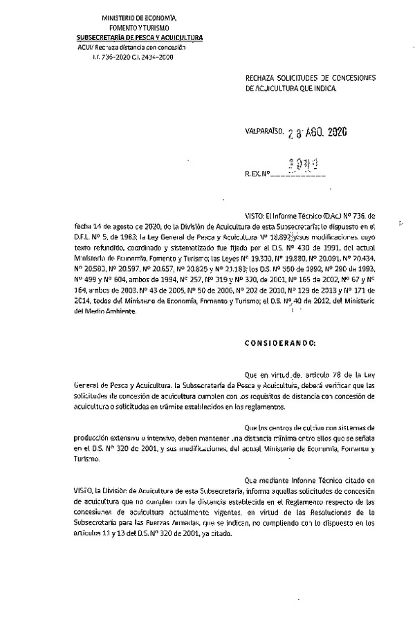 Res. Ex. N° 1900-2020 Rechaza solicitudes de relocalización de concesiones de acuicultura que indica.