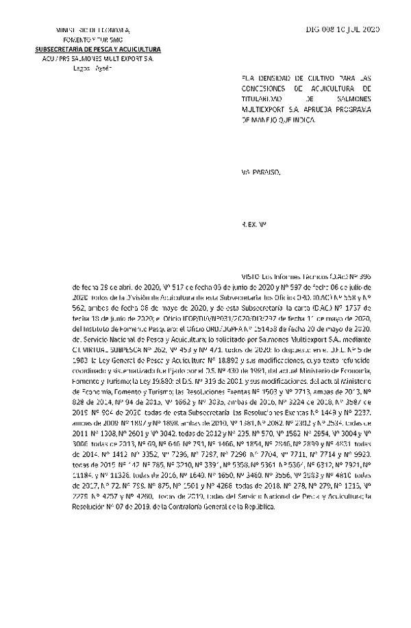 Res. Ex. DIG N° 008-2020 Fija densidad de cultivo para concesiones de acuicultura de titularidad de Salmones Multiexport S.A. (Publicado en Página Web 10-07-2020)
