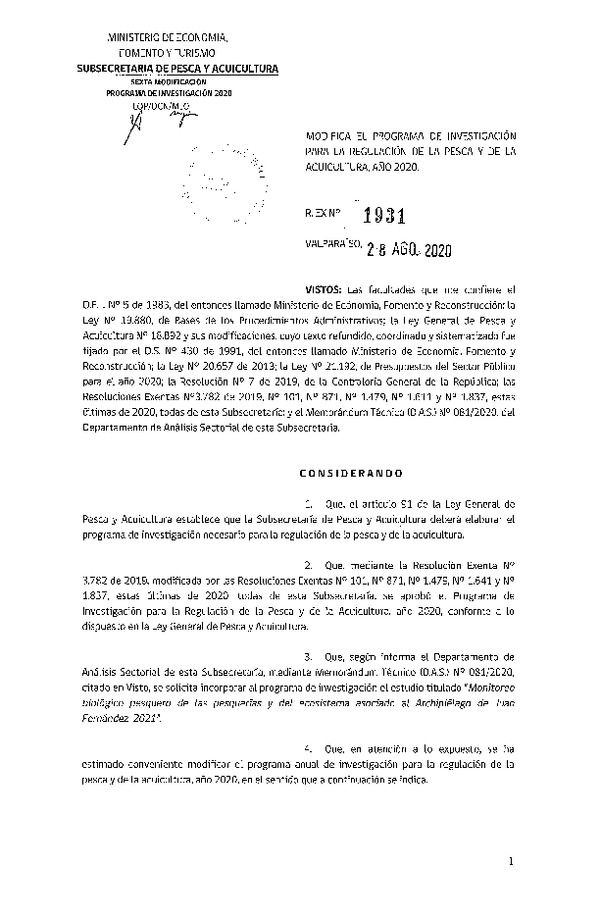 Res. Ex. N° 1931-2020 Modifica Res. Ex. N° 3782-2019 Aprueba Programa de Investigación para la Regulación de la Pesca y de la Acuicultura, Año 2020. (Publicado en Página Web 02-09-2020)