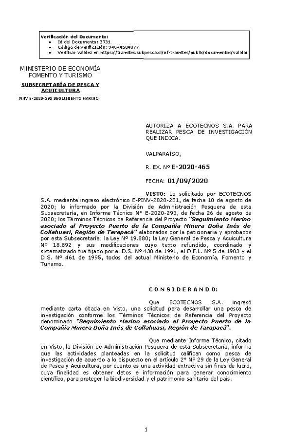 R. EX. Nº E-2020-465 Seguimiento Marino asociado al Proyecto Puerto de la Compañía Minera Doña Inés de Collahuasi, Región de Tarapacá. (Publicado en Página Web 02-09-2020)