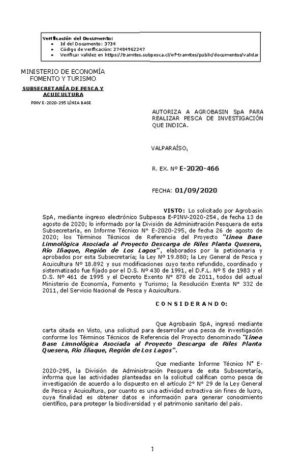 R. EX. Nº E-2020-466 Línea Base Limnológica Asociada al Proyecto Descarga de Riles Planta Quesera, Río Iñaque, Región de Los Lagos. (Publicado en Página Web 02-09-2020)