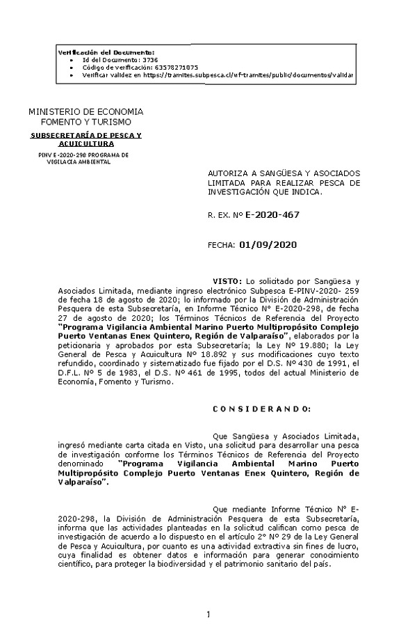 R. EX. Nº E-2020-467 Programa Vigilancia Ambiental Marino Puerto Multipropósito Complejo Puerto Ventanas Enex Quintero, Región de Valparaíso. (Publicado en Página Web 02-09-2020)