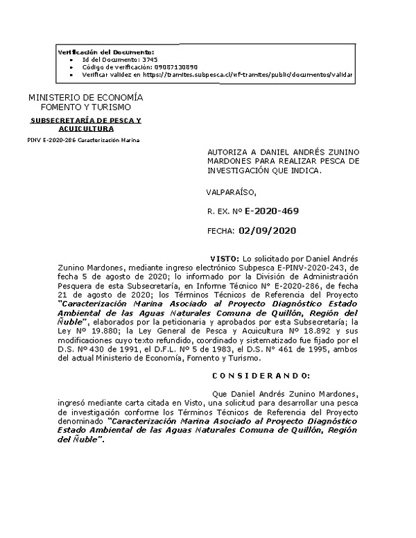 R. EX. Nº E-2020-469 Caracterización Marina Asociado al Proyecto Diagnóstico Estado Ambiental de las Aguas Naturales Comuna de Quillón, Región del Ñuble”. (Publicado en Página Web 02-09-2020)