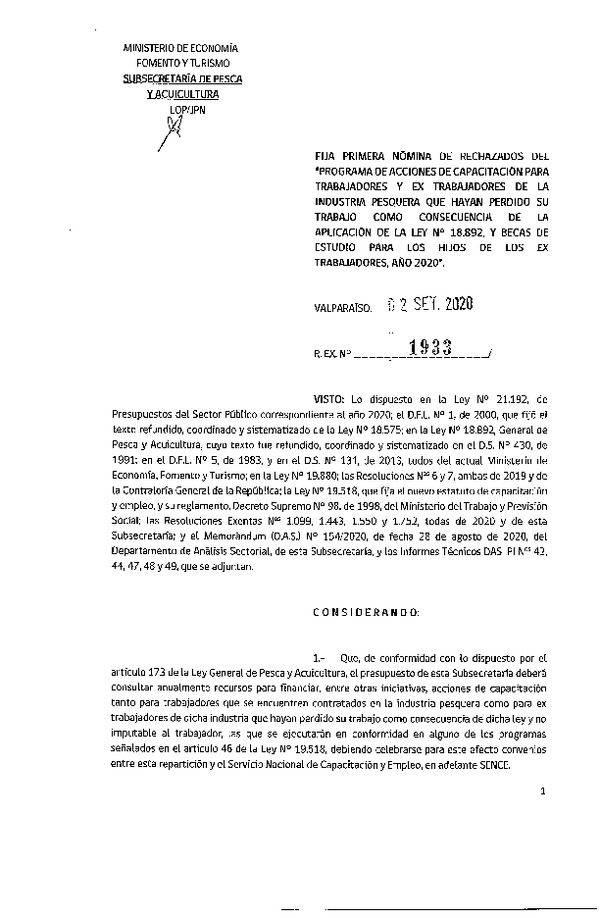 Res. Ex. N° 1933-2020 Fija primera nómina de rechazados del Programa de Acciones de Capacitación para Trabajadores y Ex Trabajadores de la Industria Pesquera que Indica. (Publicado en Página Web 02-09-2020)