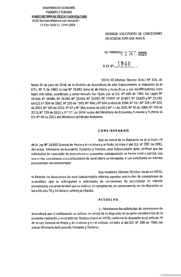 Res. Ex. N° 1940-2020 Rechaza solicitudes de relocalización de concesiones de acuicultura que indica.