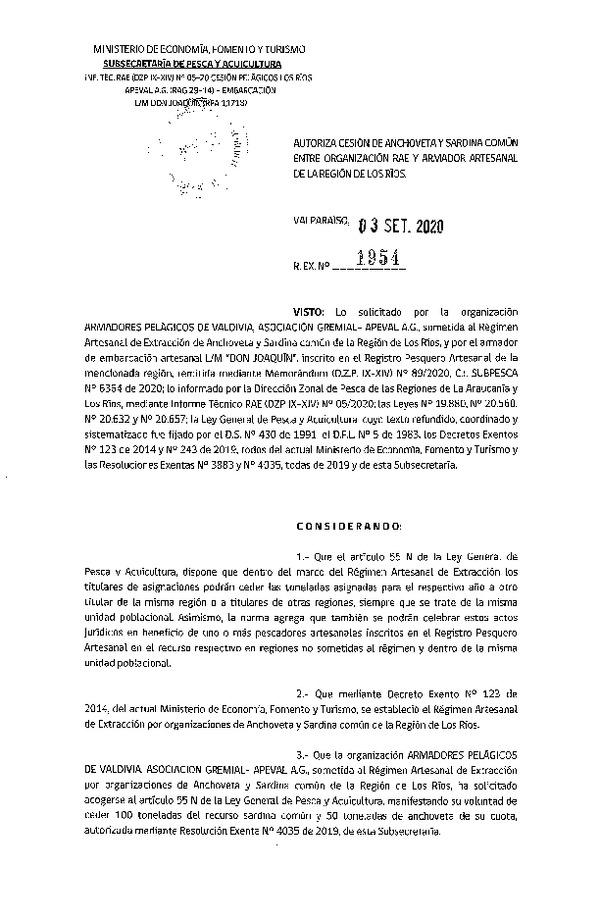 Res. Ex. N° 1954-2020 Autoriza Cesión anchoveta y sardina común Regioón del Los Ríos. (Publicado en Página Web 04-09-2020).