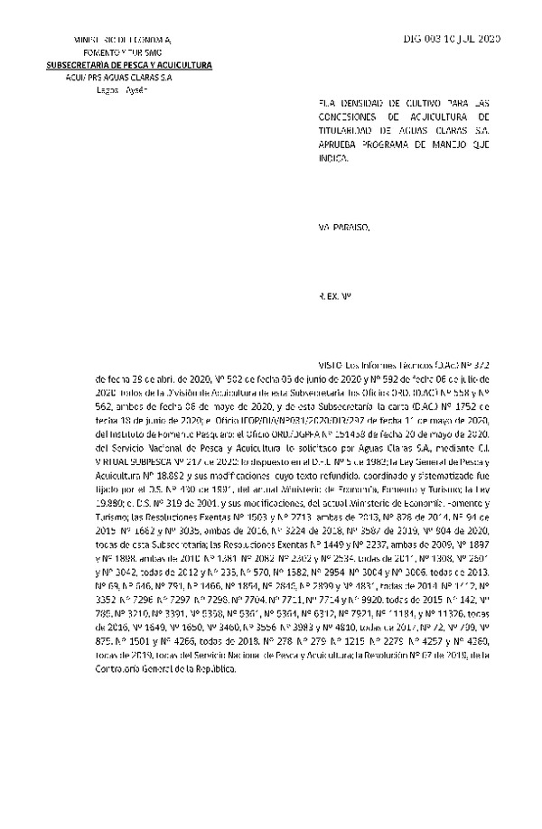 Res. Ex. DIG N° 003-2020 Fija densidad de cultivo para concesiones de acuicultura de titularidad de Aguas Claras S.A.