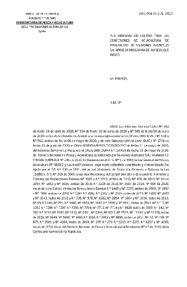 Res. Ex. DIG N° 004-2020 Fija densidad de cultivo para concesiones de acuicultura de titularidad de Salmones Australes S.A.