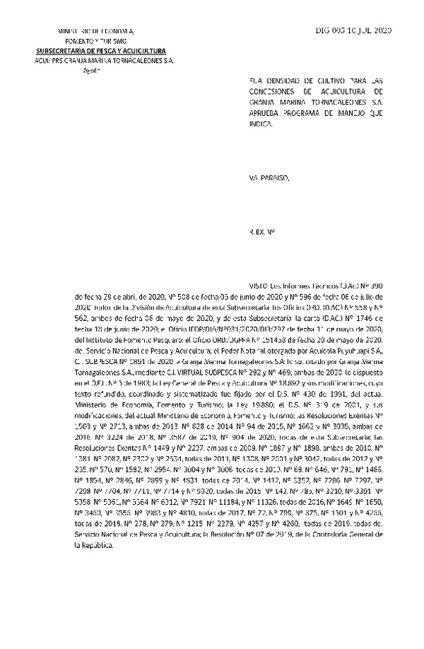 Res. Ex. DIG N° 005-2020 Fija densidad de cultivo para concesiones de acuicultura de titularidad de Granja Marina Tornagaleones S.A.