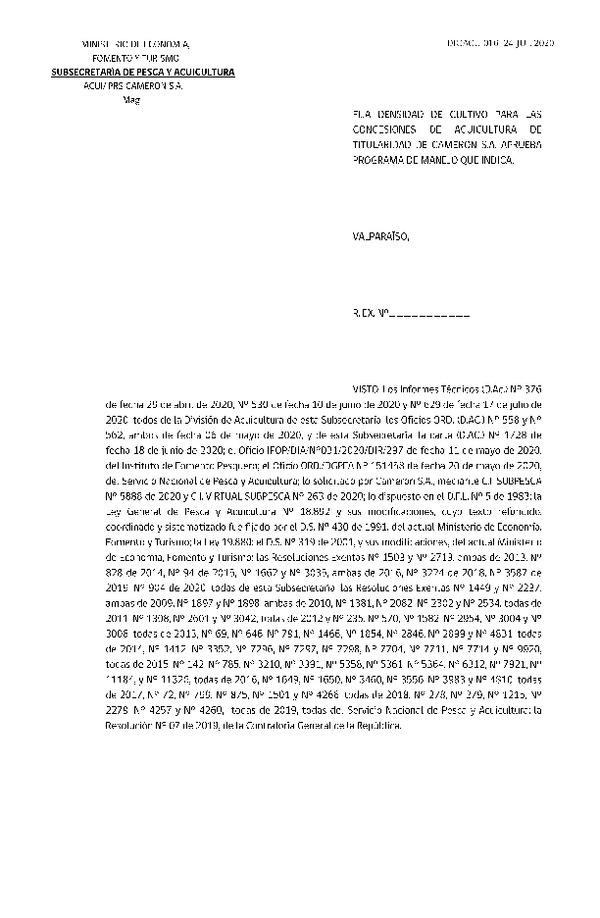 Res. Ex. DIG N° 016-2020 Fija densidad de cultivo para concesiones de acuicultura de titularidad de Cameron S.A.