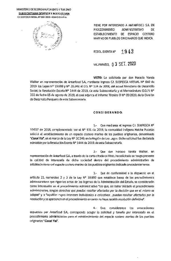 Res. Ex. N° 1943-2020 Tiene por interesado a Antarfood S.A. en procedimiento administrativo de establecimiento de ECMPO que se señala. (Publicado en Página Web 07-09-2020)