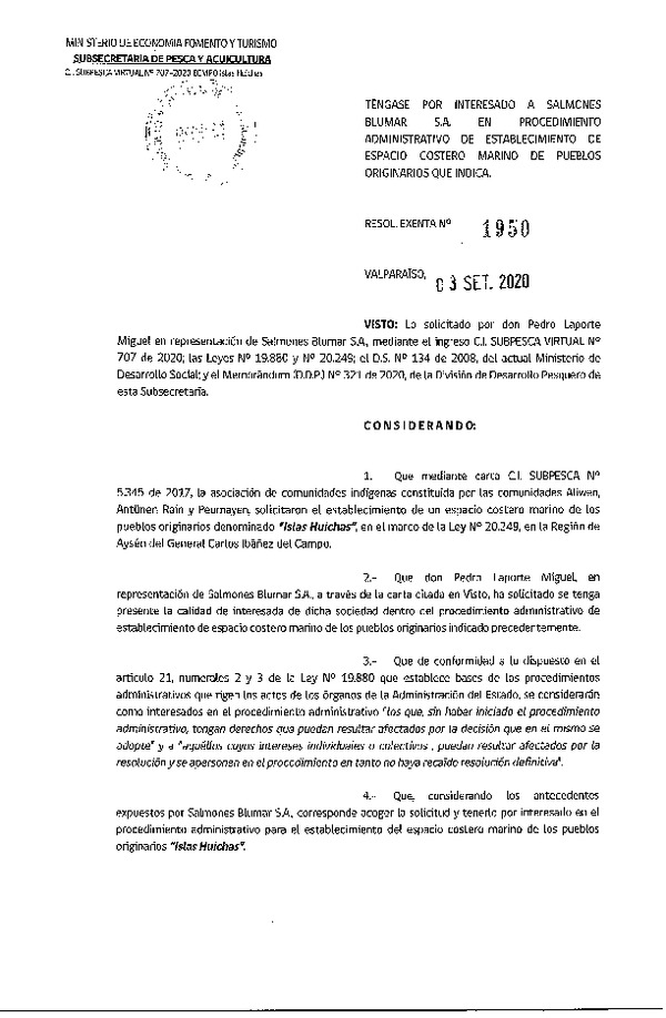 Res. Ex. N° 1950-2020 Téngase por interesado a Salmones Blumar S.A. en procedimiento administrativo de establecimiento de ECMPO que se señala. (Publicado en Página Web 07-09-2020)