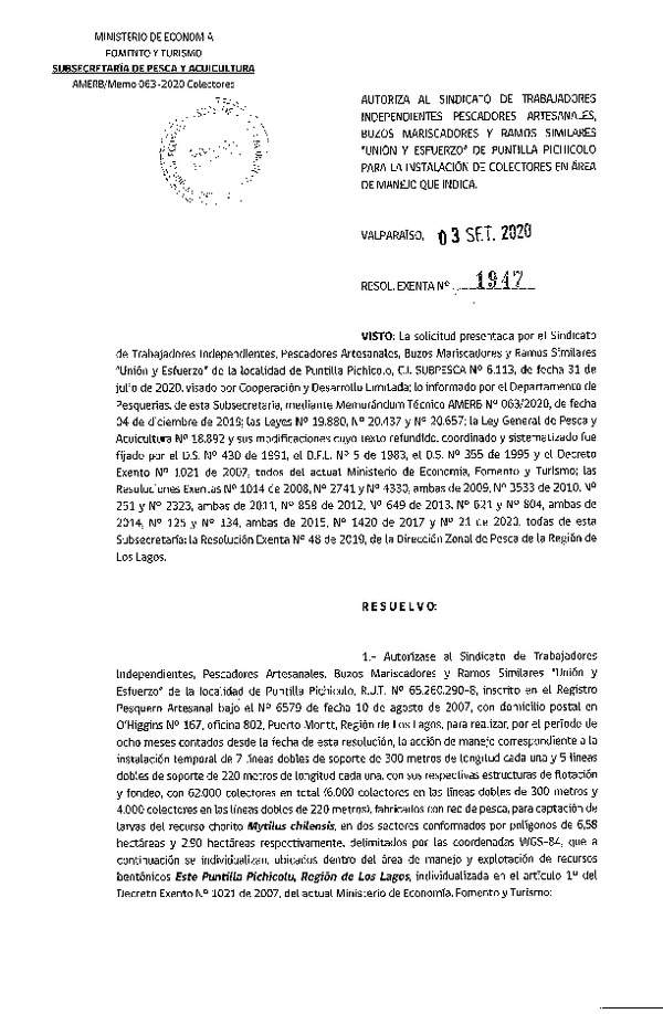 Res. Ex. N° 1947-2020 Instalación de Colectores. (Publicado en Página Web 07-09-2020)