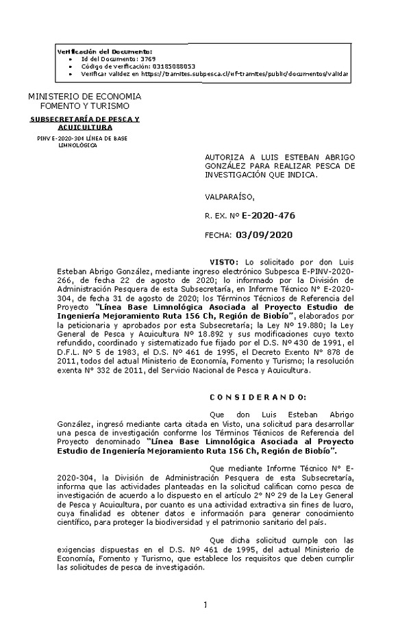 R. EX. Nº E-2020-476 Línea Base Limnológica Asociada al Proyecto Estudio de Ingeniería Mejoramiento Ruta 156 Ch, Región de Biobío. (Publicado en Página Web 07-09-2020)