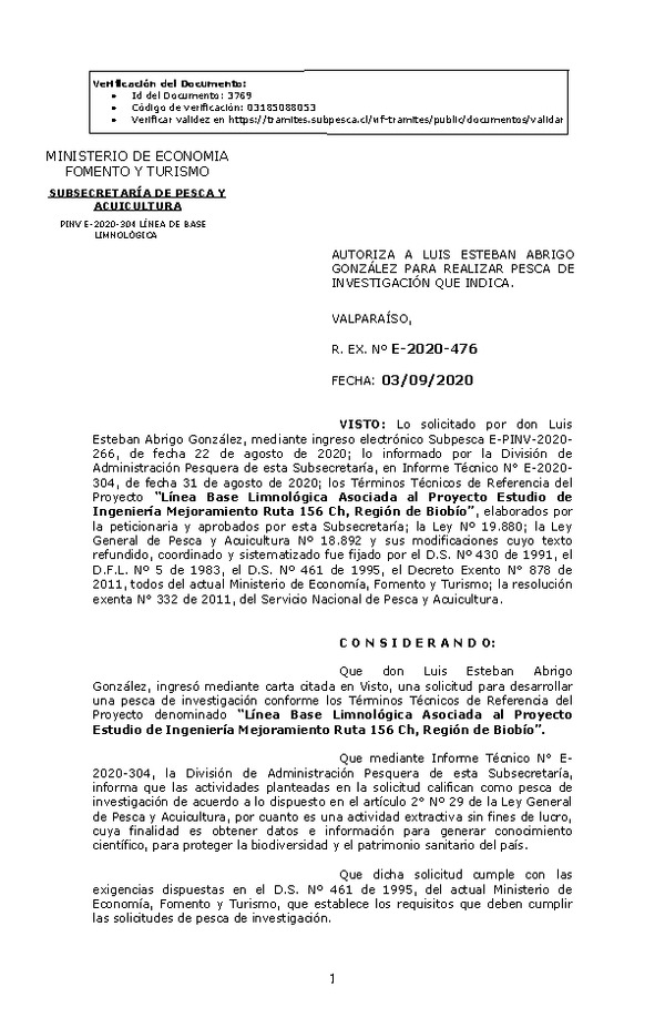 R. EX. Nº E-2020-476 Línea Base Limnológica Asociada al Proyecto Estudio de Ingeniería Mejoramiento Ruta 156 Ch, Región de Biobío. (Publicado en Página Web 07-09-2020)