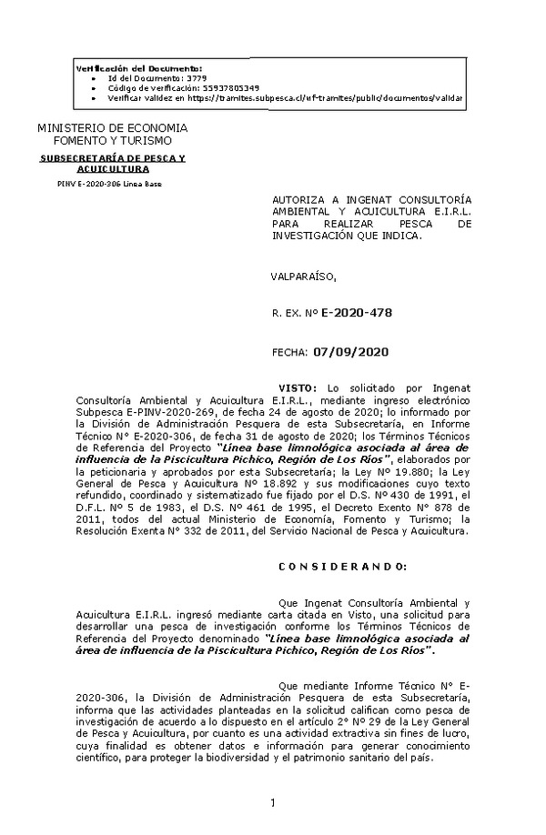 R. EX. Nº E-2020-478 Línea base limnológica asociada al área de influencia de la Piscicultura Pichico, Región de Los Ríos. (Publicado en Página Web 07-09-2020)