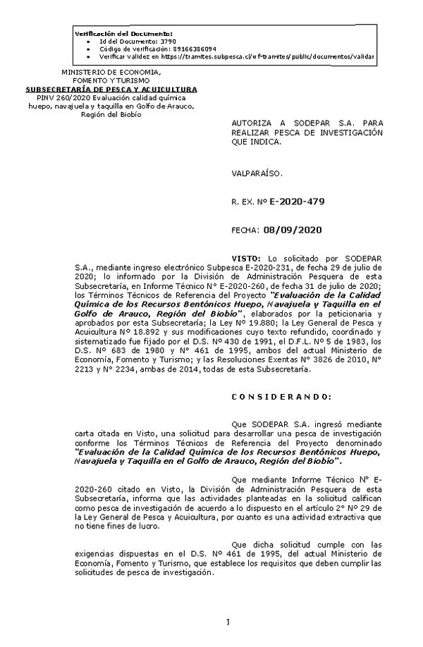 R. EX. Nº E-2020-479 Evaluación de la Calidad Química de los Recursos Bentónicos Huepo, Navajuela y Taquilla en el Golfo de Arauco, Región del Biobío. (Publicado en Página Web 09-09-2020)