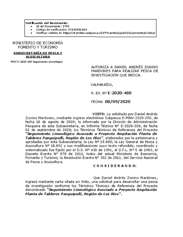 R. EX. Nº E-2020-480 Seguimiento Limnológico Asociado a Proyecto Ampliación Planta de Tableros Panguipulli, Región de Los Ríos. (Publicado en Página Web 09-09-2020)