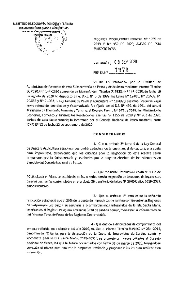 Res. Ex. N° 1970-2020 Modifica Res. Ex. N° 1355-2019 y N° 952-2020 Criterios para la Asignación de la Cuota para Imprevistos del Artículo 3° de la Ley General de Pesca y Acuicultura Años 2019 a 2021. (Publicado en Página Web 09-09-2020)