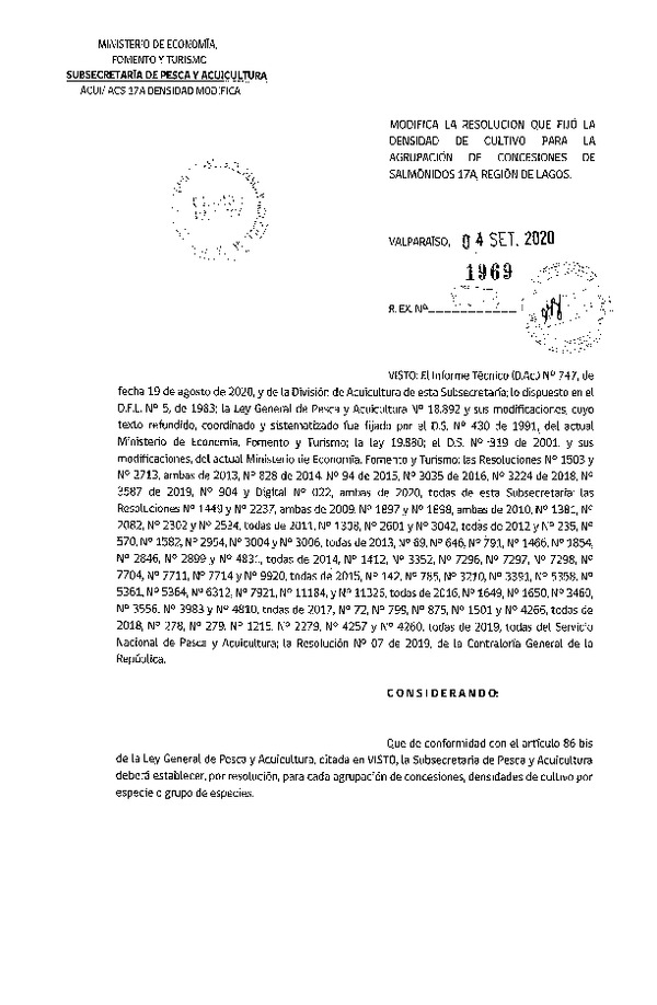 Res. Ex. N° 1969-2020 Modifica Res. Ex. DIG N° 022-2020 Fija densidad de cultivo para la agrupación concesiones 17A Región de Los Lagos. (F.D.O. 09-09-2020)