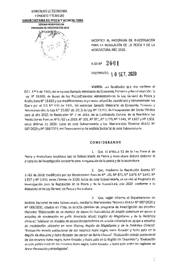 Res. Ex. N° 2001-2020 Modifica Res. Ex. N° 3782-2019 Aprueba Programa de Investigación para la Regulación de la Pesca y de la Acuicultura, Año 2020. (Publicado en Página Web 10-09-2020)