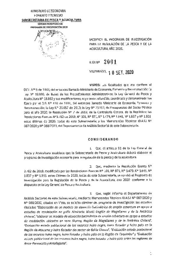 Res. Ex. N° 2001-2020 Modifica Res. Ex. N° 3782-2019 Aprueba Programa de Investigación para la Regulación de la Pesca y de la Acuicultura, Año 2020. (Publicado en Página Web 10-09-2020)