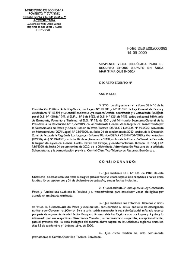 Dec. Ex. N° 62-2020 Suspende Veda Biológica para el Recurso Choro Zapato en las Regiones de Los Lagos y de Aysén. (Publicado en Página Web 14-09-2020)