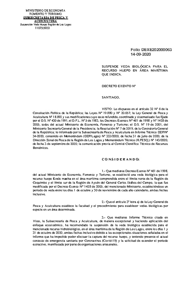 Dec. Ex. N° 63-2020 Suspende Veda Biológica para el Recurso Huepo en la Región de Los Lagos. (Publicado en Página Web 14-09-2020)