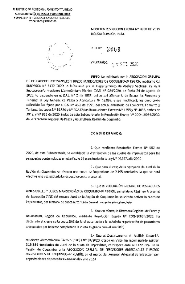 Res. Ex. N° 2009-2020 Modifica Res. Ex. N° 4038-2019 Distribución de la Fracción Artesanal de Pesquería de Anchoveta y Jurel, Región de Coquimbo, Año 2020. (Publicado en Página Web 16-09-2020)