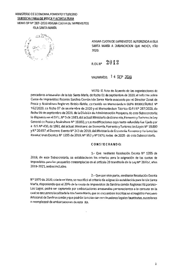 Res. Ex. N° 2012-2020 Asigna Cuota de Imprevistos Autorizada a Isla Santa María a Embarcación que Indica, Año 2020. (Publicado en Página Web 16-09-2020)