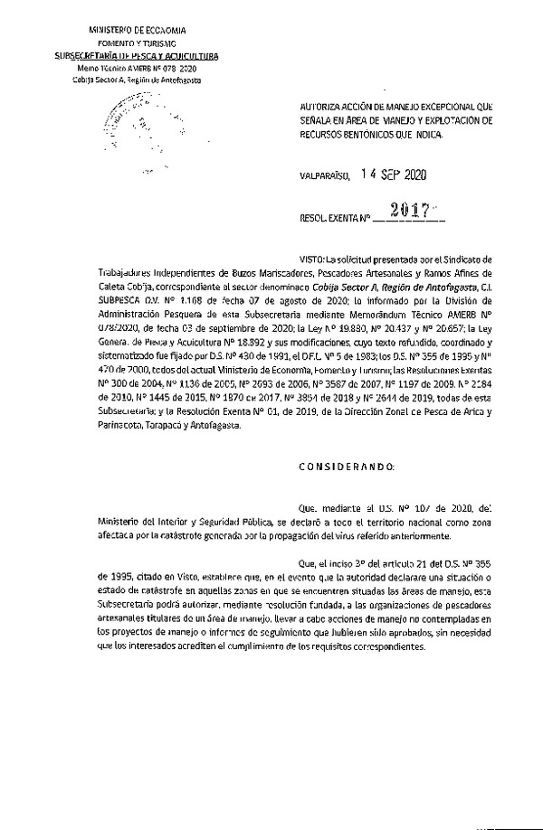 Res. Ex. N° 2017-2020 Autoriza acción de manejo excepcional que señala. (Publicado en Página Web 16-09-2020)