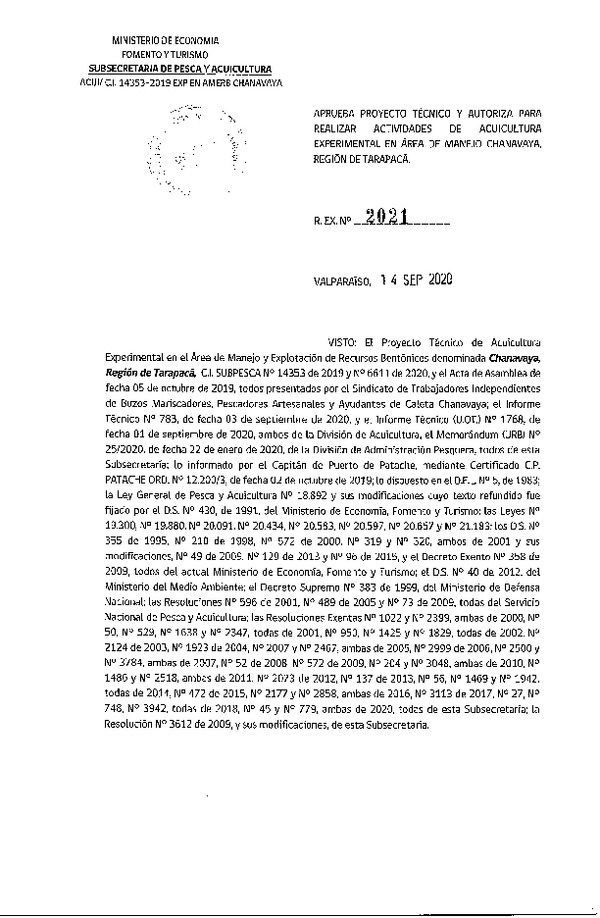 Res. Ex N° 2021-2020 Aprueba proyecto técnico y autoriza para realizar actividades de acuicultura experimental en Área de manejo Chanavaya, Región de Tarapacá. (Publicado en Página Web 16-09-2020).