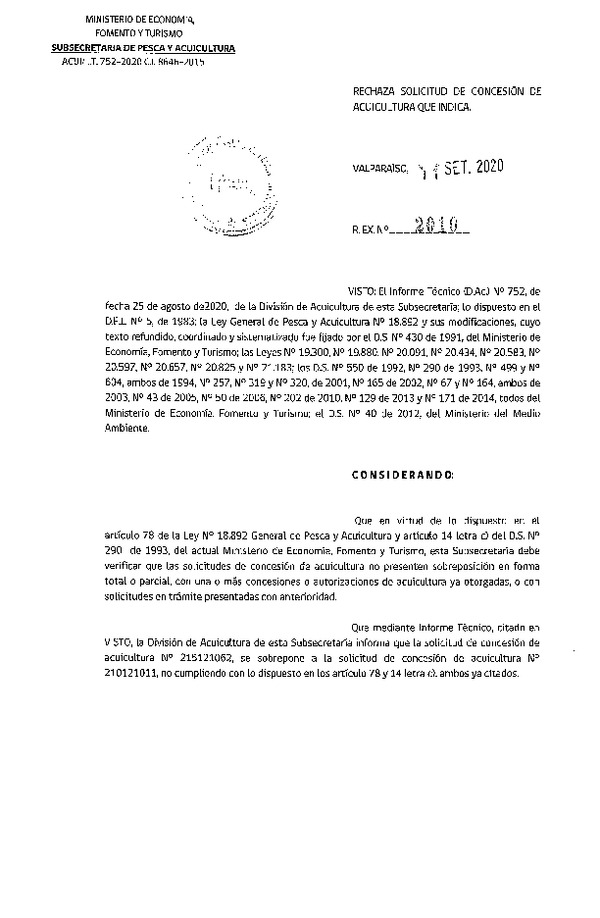 Res. Ex. N° 2010-2020 Rechaza solicitud de concesión de acuicultura que indica.