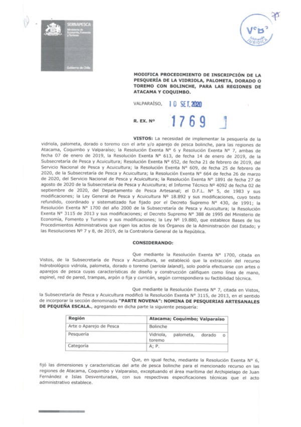 Res Ex N° 1769-2020 (Sernapesca) Modifica procedimiento de inscripción de la pesquería de la Vidriola, Palometa, Dorado o Toremo con Bolinche para las Regiones de Atacama y Coquimbo. (Publicado en Página Web 16-09-2020)