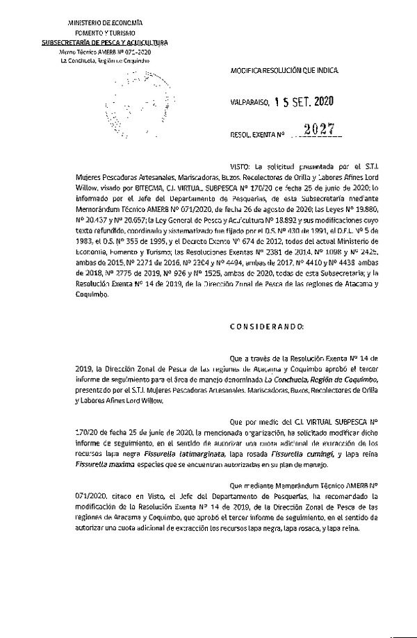 Res. Ex. N° 2027-2020 Modifica Resolución que Indica. (Publicado en Página Web 17-09-2020)